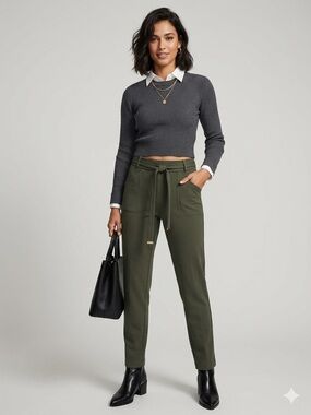 NYCC Olive Green Tie Waist Pants Size 6 Stretch Straight Leg Career Casual